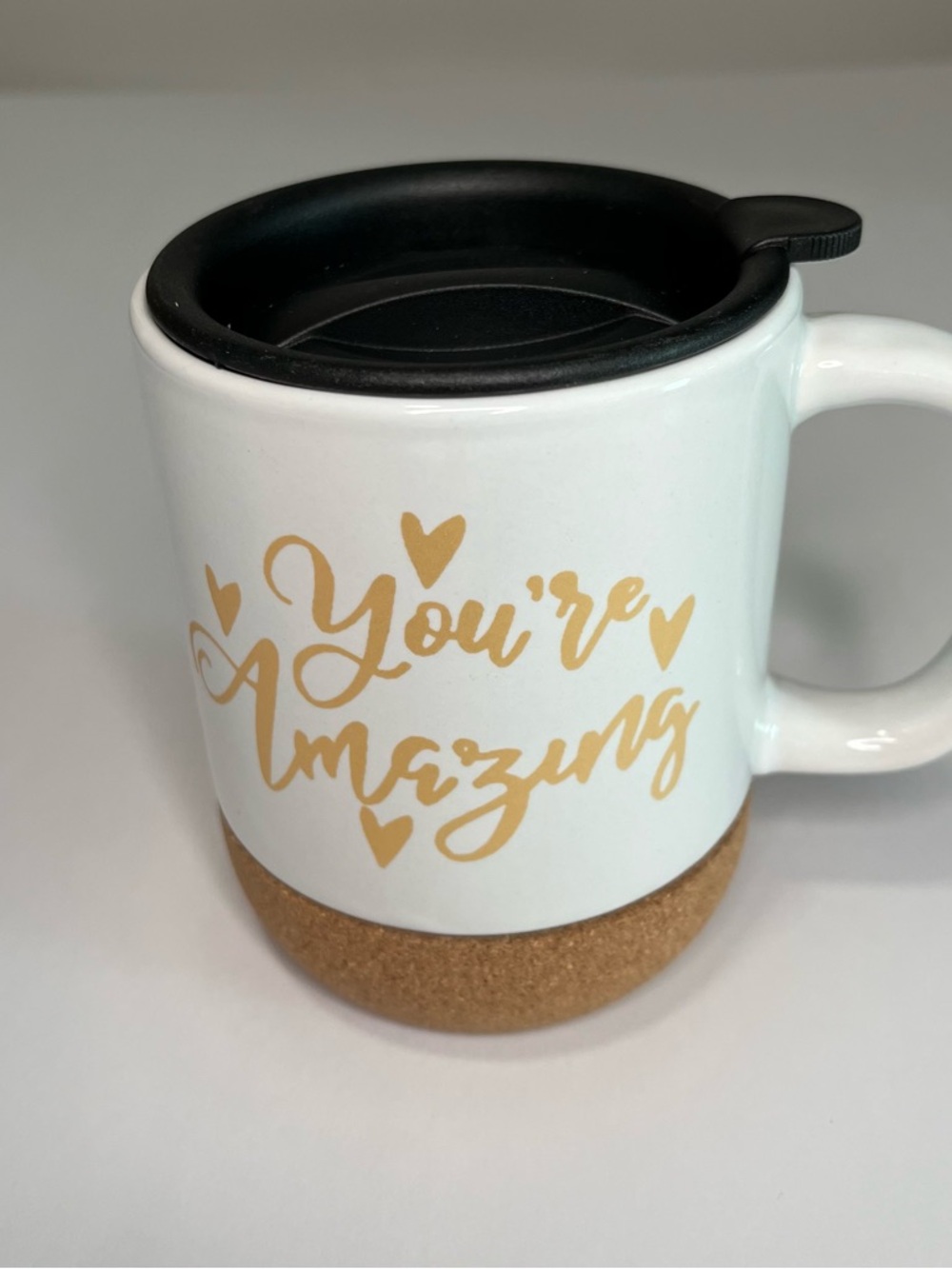 White You’re Amazing Cork Base Ceramic Travel Mug with Black Lid